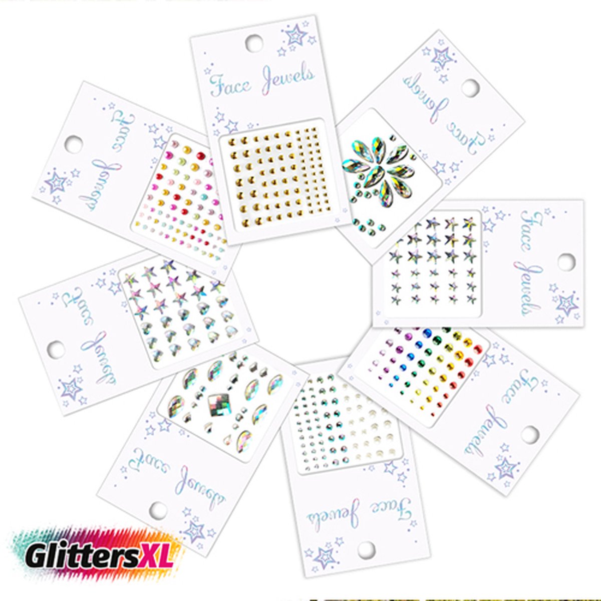 GlittersXL - Festival Face Jewels (Shiny Dots) [Dots Strass Steentjes met zelfklevend Plaklaag - Sticker Diamantjes voor Lichaam en Gezicht - Festival tattoo set outfit glitter - Juwelen Face Glitterstiften tattoos kinderen]